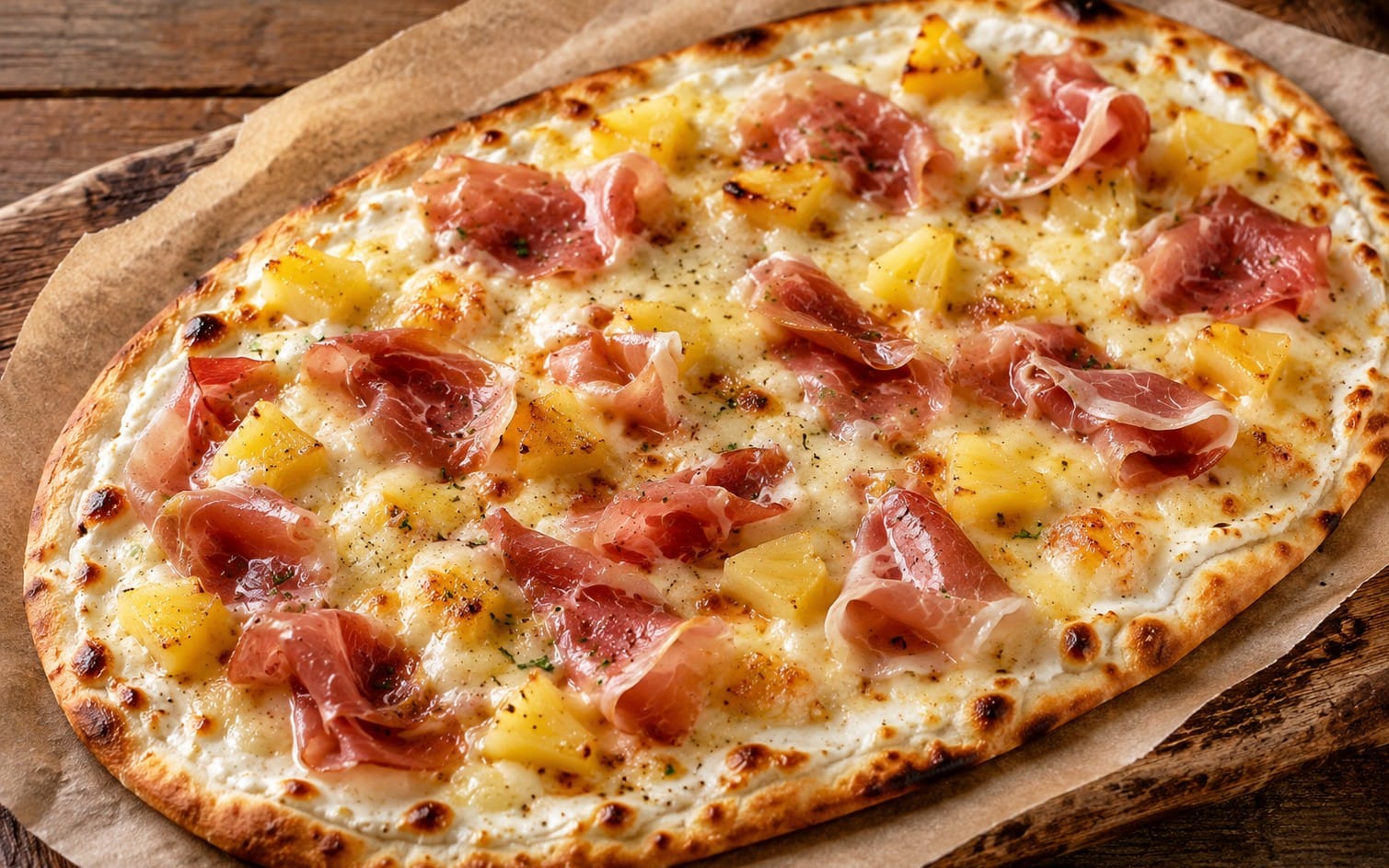 105. Doncapello Hawaii - Flammkuchen mit Schmand, Käse, Schinken & Ananas. bei Pizzeria Napoli