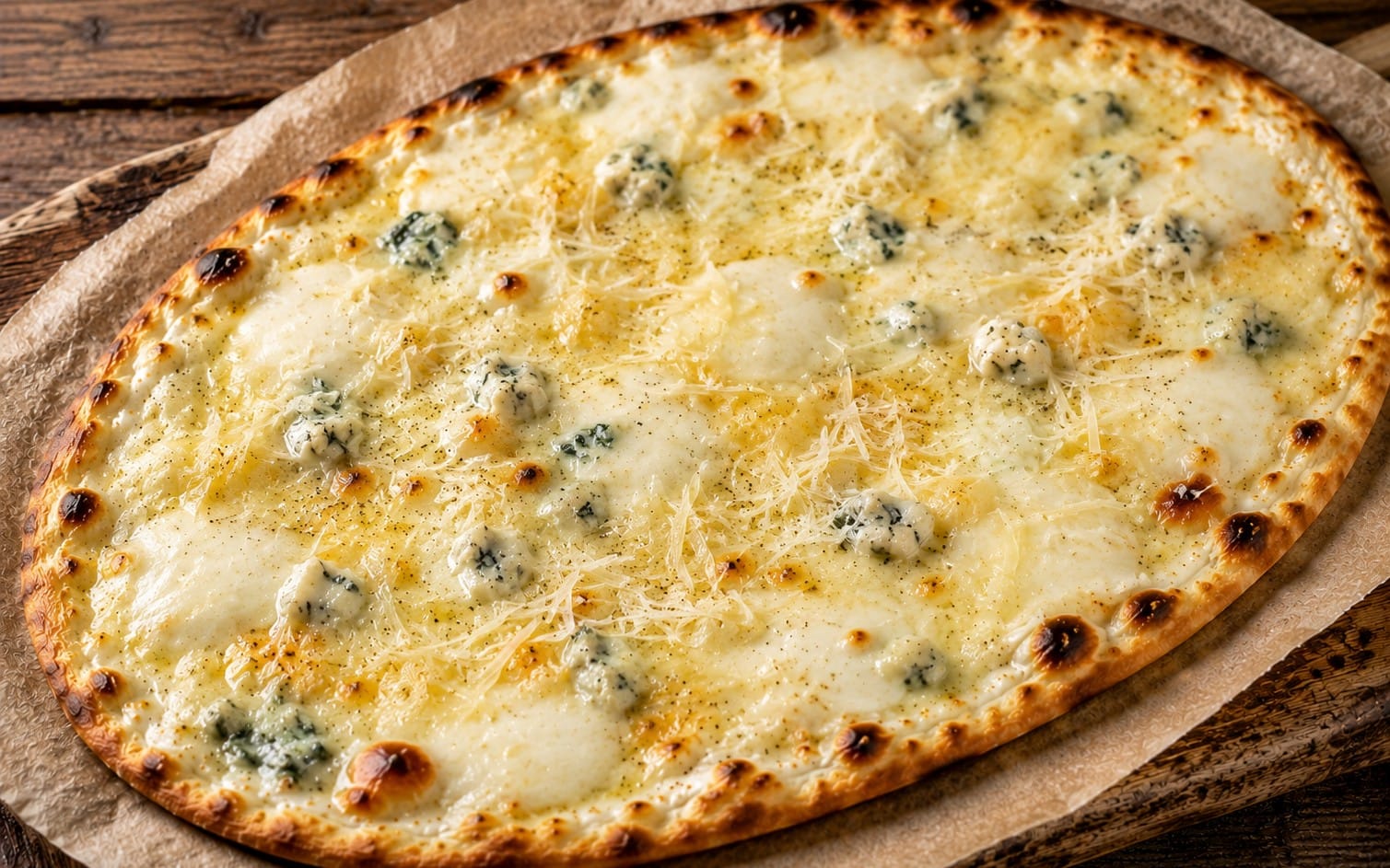 106. Doncapello Quattro Formaggi - Flammkuchen mit Schmand, Käse, Gorgonzola, Frischkäse & Grana Padano. bei Pizzeria Napoli