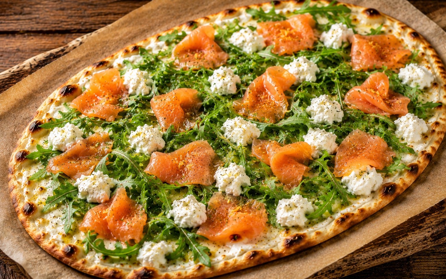 108. Doncapello Philadelphia - Flammkuchen mit Schmand, Käse, Lachs, Rucola & Frischkäse. bei Pizzeria Napoli