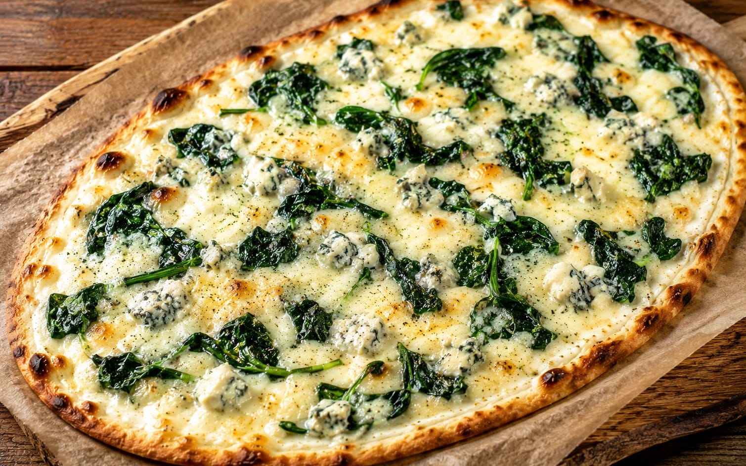 110. Doncapello Spinaci Gorgonzola - Flammkuchen mit Schmand, Käse, Spinat & Gorgonzola. bei Pizzeria Napoli