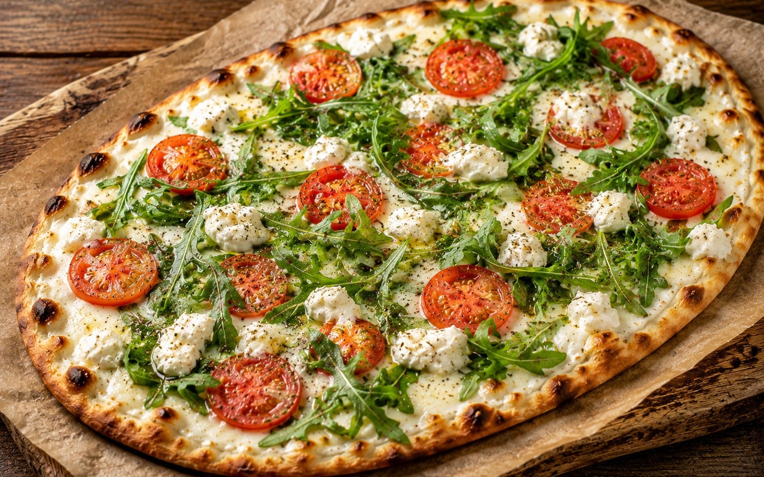 111. Doncapello Mozzarella di Caprese - Flammkuchen mit Schmand, Käse, Mozzarella, Tomaten, Rucola. bei Pizzeria Napoli