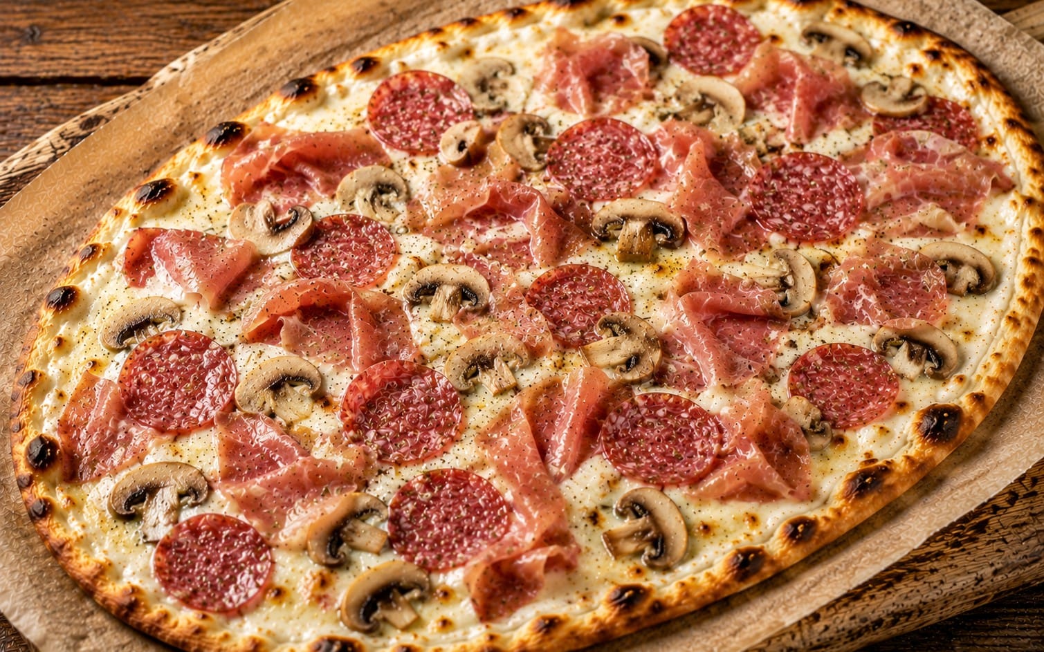 104. Doncapello Speciale - Knuspriger Flammkuchen mit Schmand, Käse, Salami, Schinken & Champignons. bei Pizzeria Napoli