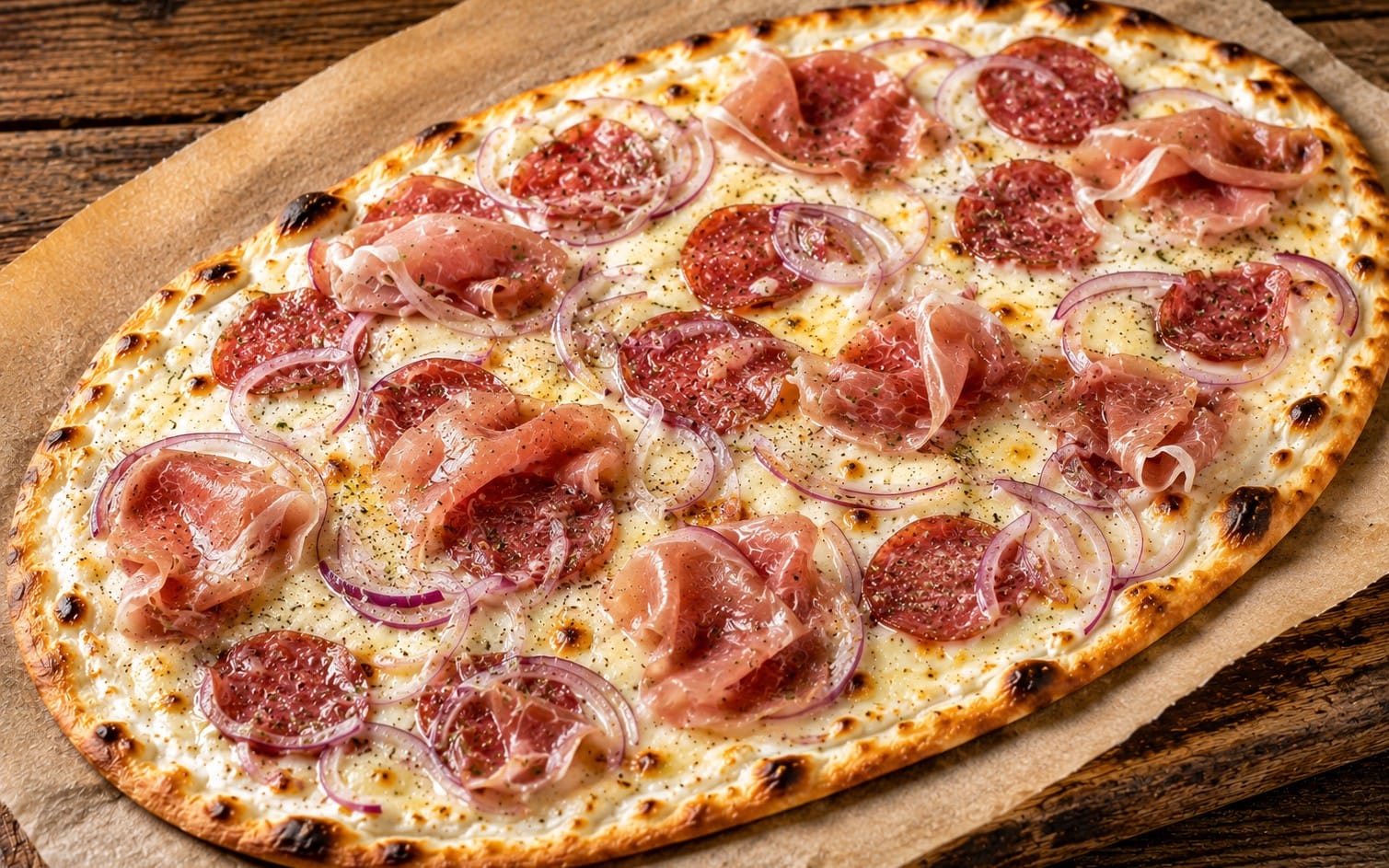 112. Doncapello Rodeo Love - Flammkuchen mit Schmand, Käse, Schinken, Salami & Zwiebeln. bei Pizzeria Napoli