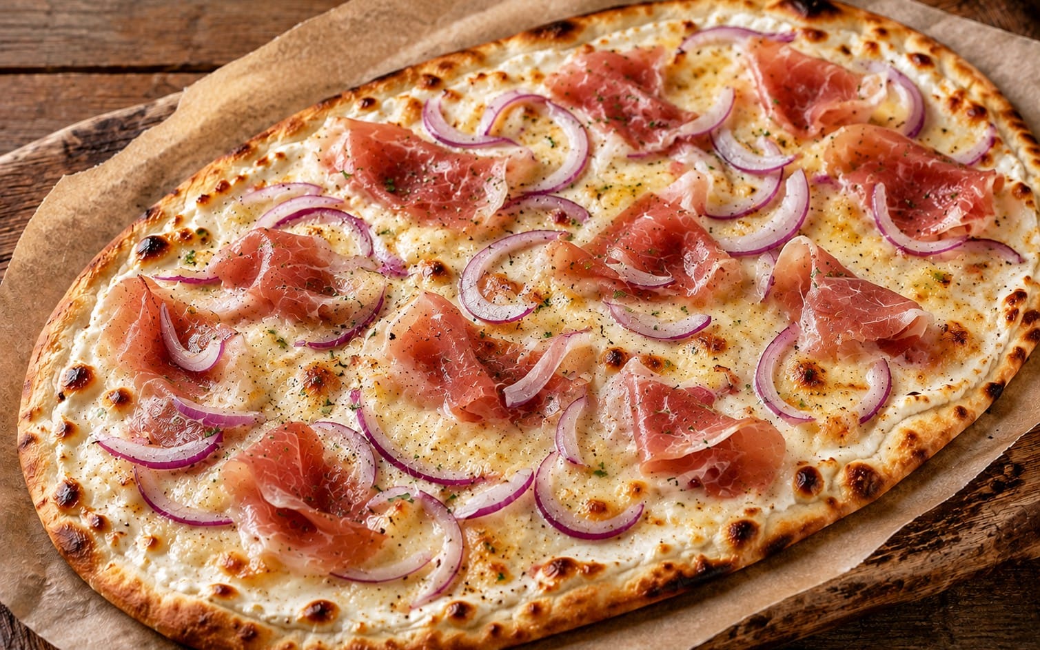 115. Doncapello Prosciutto - Flammkuchen mit Schmand, Käse, Schinken & Zwiebeln. bei Pizzeria Napoli