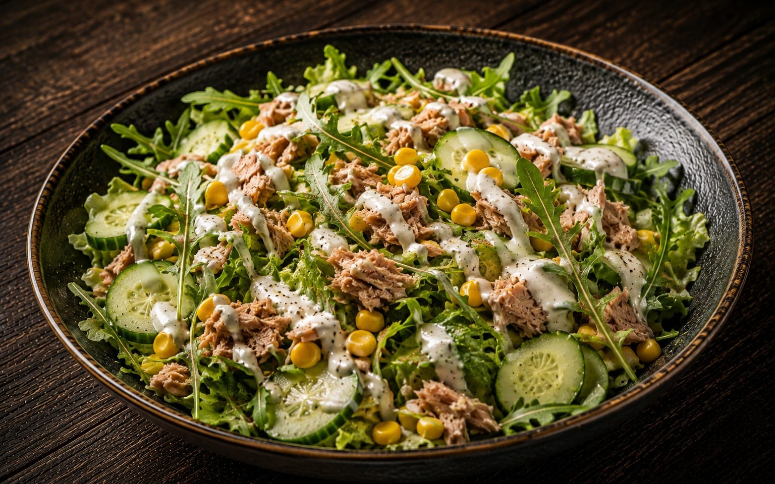Thunfischsalat - Gemischter Salat mit Tomaten, Gurken, Mais, Zwiebeln und Thunfisch. Wahlweise mit Joghurtsoße bei Pizzeria Napoli