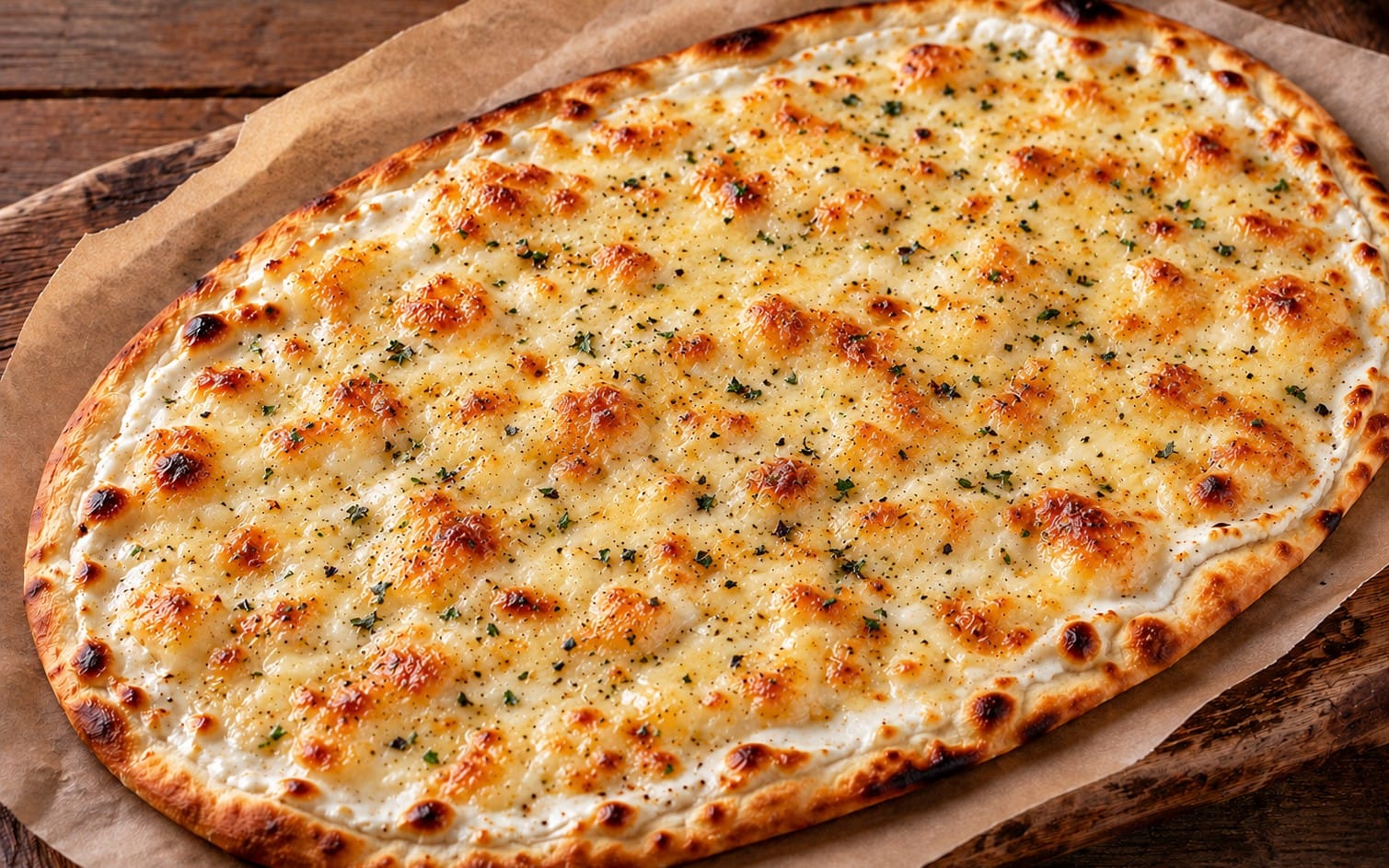 103. Doncapello Margherita - Feiner Flammkuchen mit Schmand und Käse. bei Pizzeria Napoli