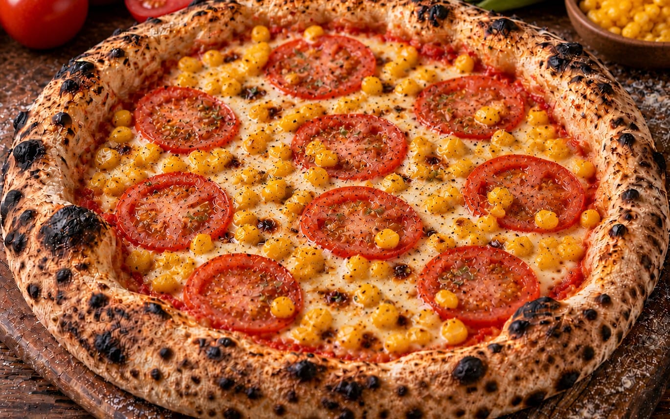 11. Veggie - TomatenSoße, Käse, Goldmais, frische Tomaten bei Pizzeria Napoli