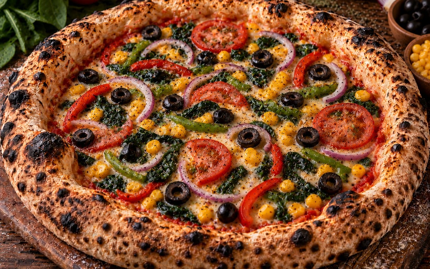 12. Vegetariana - TomatenSoße, Käse, Spinat, schwarze Oliven, Goldmais, rote Zwiebeln, Paprika bei Pizzeria Napoli
