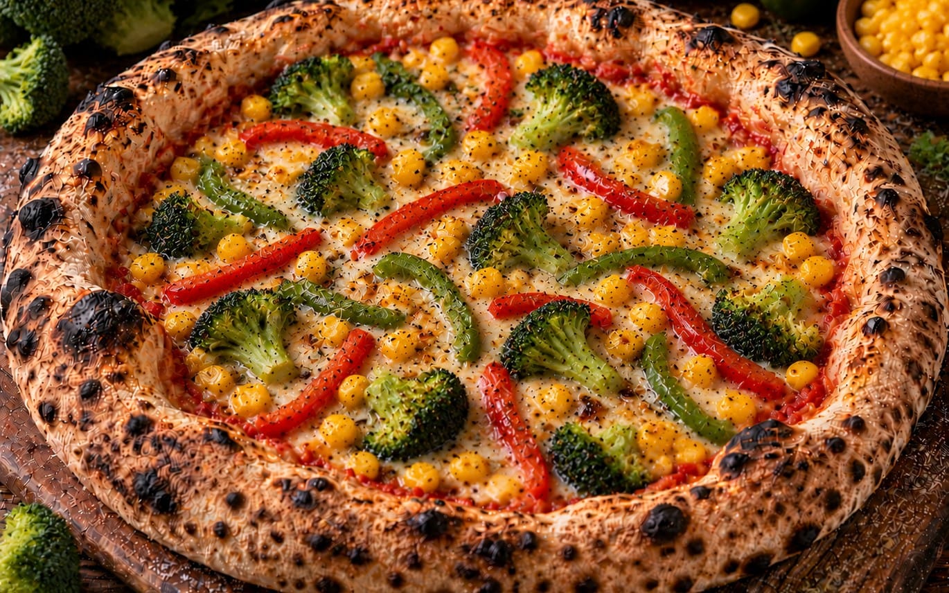 13. Broccoli - TomatenSoße, Käse, Olivenöl, Paprika & Mais bei Pizzeria Napoli