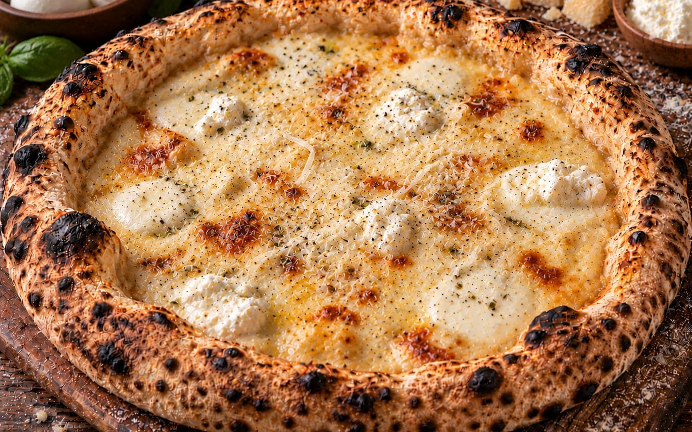 14. Quattro Formaggi - TomatenSoße, Käse, Gorgonzola, Frischkäse & Grana Padano bei Pizzeria Napoli