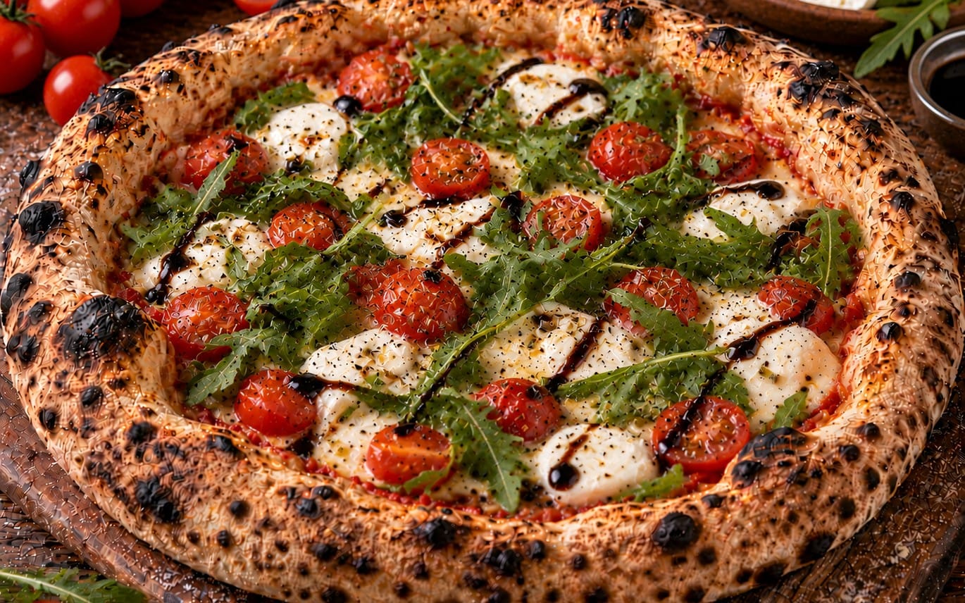 16. Mozzarella di Capresa - TomatenSoße, Käse, Mozzarella, frische Tomaten, Rucola & Balsamico bei Pizzeria Napoli