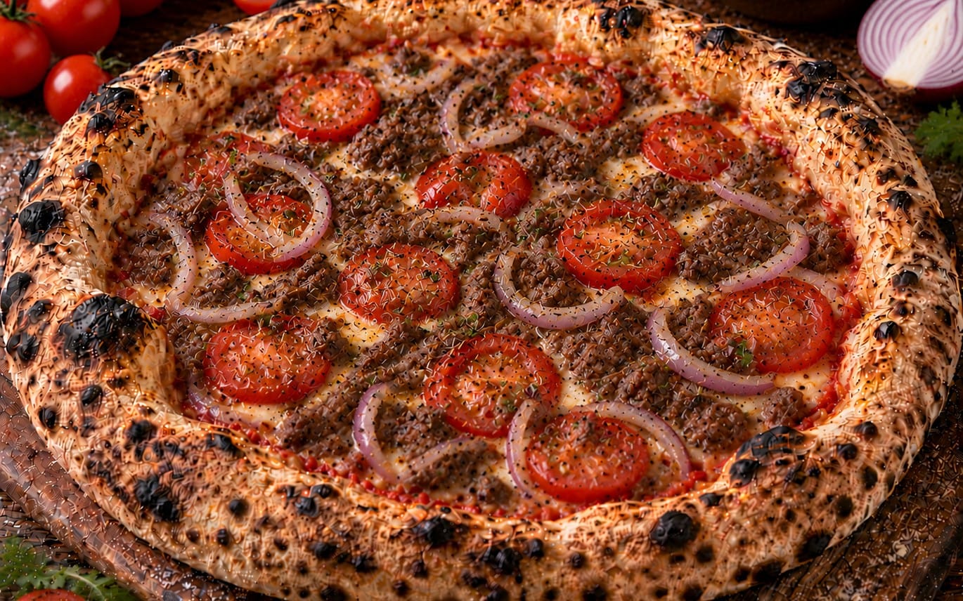 22. Amore F - TomatenSoße, Käse, Tomaten, Hackfleisch & Zwiebeln bei Pizzeria Napoli