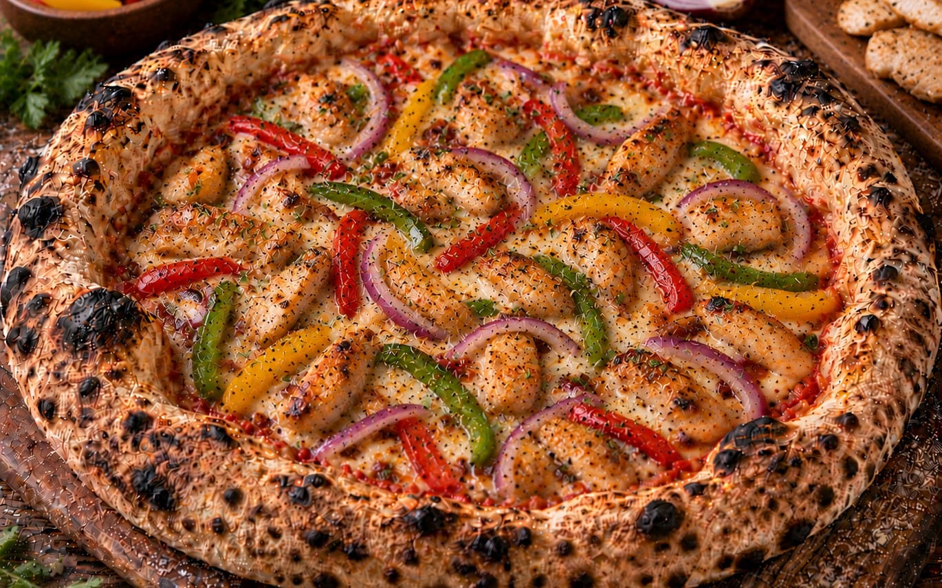 24. Chicken Fajita - TomatenSoße, Käse, Paprika, Hähnchen & Zwiebeln bei Pizzeria Napoli