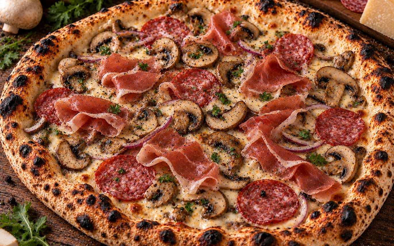 26. Speciale - TomatenSoße, Käse, Salami, Schinken & Champignons bei Pizzeria Napoli