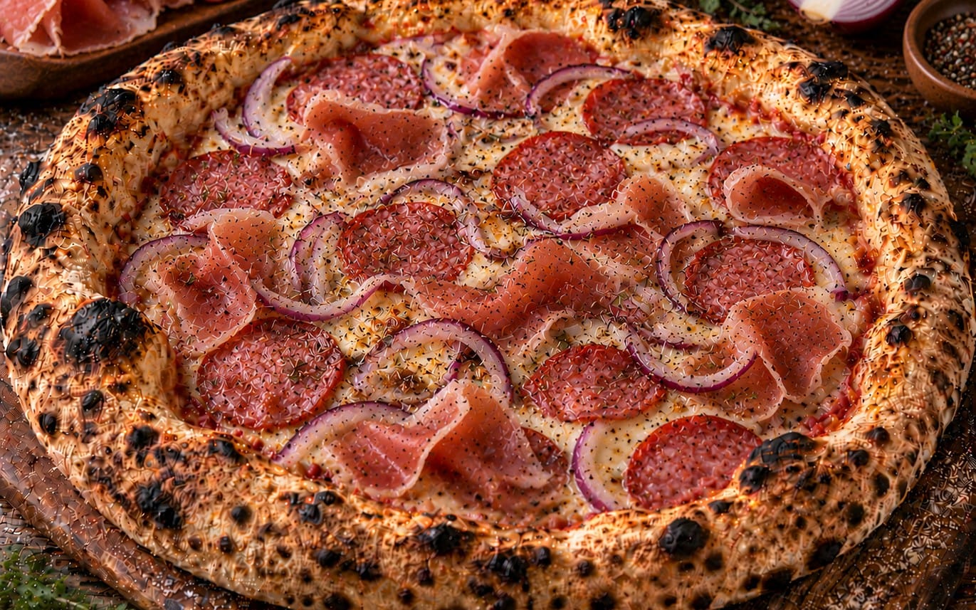 27. Maori mio S - TomatenSoße, Käse, Bacon, Salami & Zwiebeln bei Pizzeria Napoli