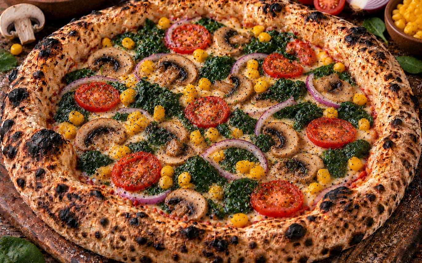 29. Garden Loves F - TomatenSoße, Käse, Tomaten, Mais, Spinat, Zwiebeln, Champignons bei Pizzeria Napoli