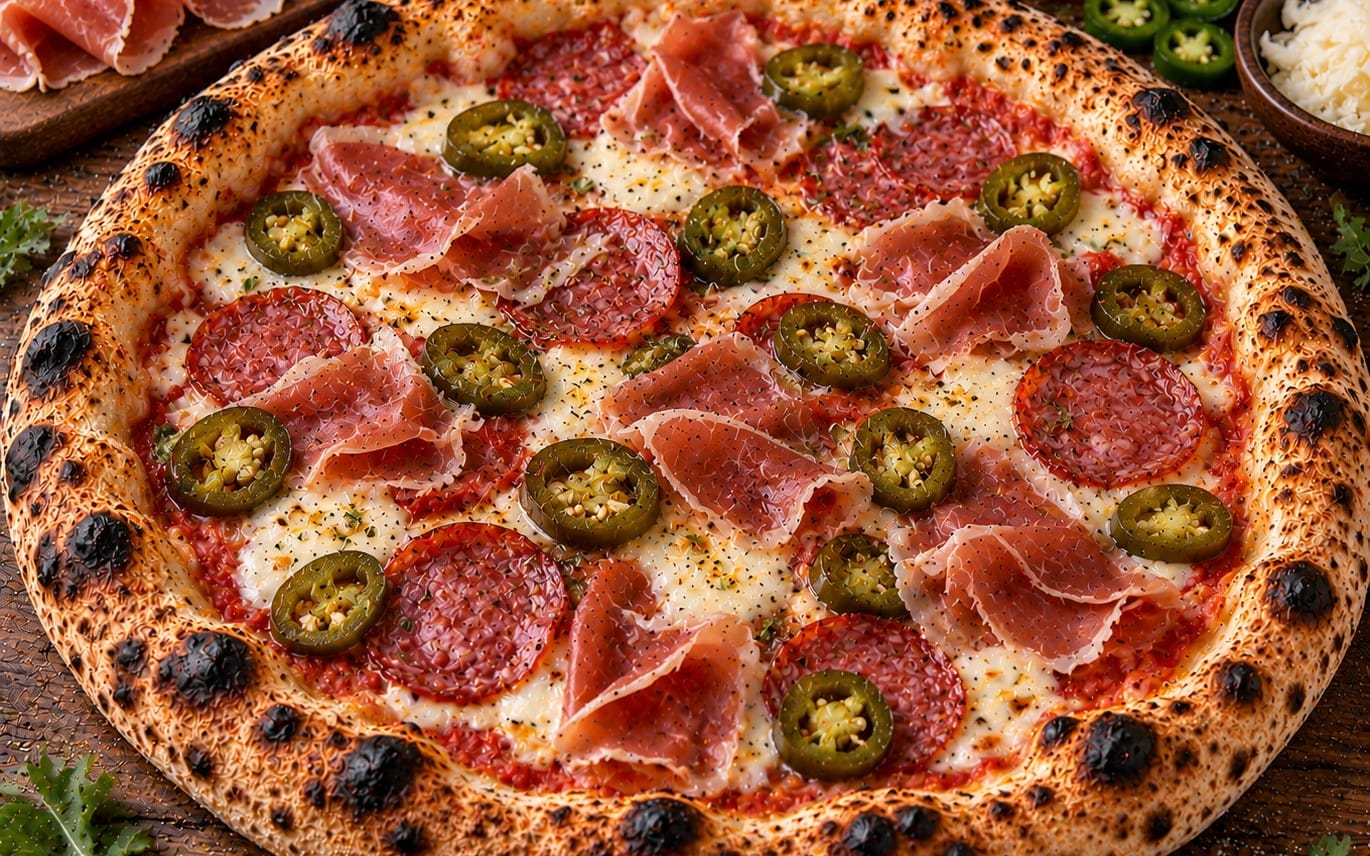 30. Bacon Diavolo - TomatenSoße, Salami, Bacon & Jalapeños bei Pizzeria Napoli