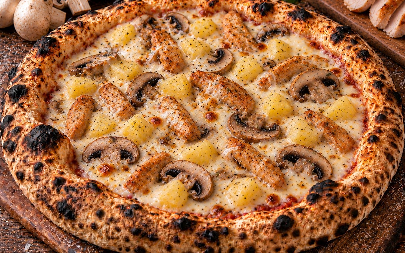36. Florida Chicken - TomatenSoße, Käse, Tomaten, Ananas, Hähnchen & Champignons bei Pizzeria Napoli