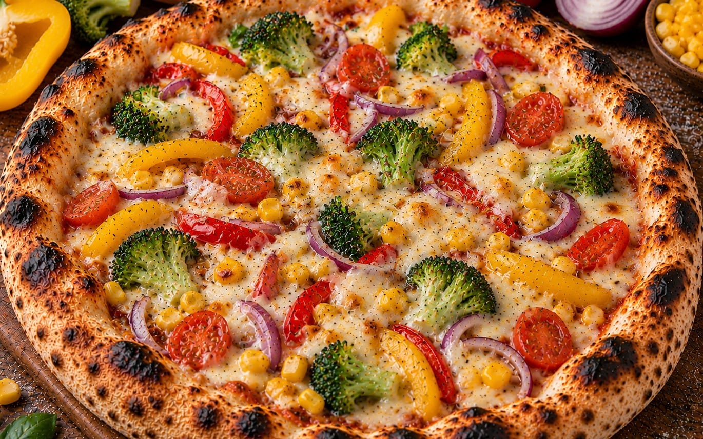 43. Blanca Loves - Sauce Hollandaise, Paprika, Mais, Broccoli, Tomaten, Zwiebeln bei Pizzeria Napoli
