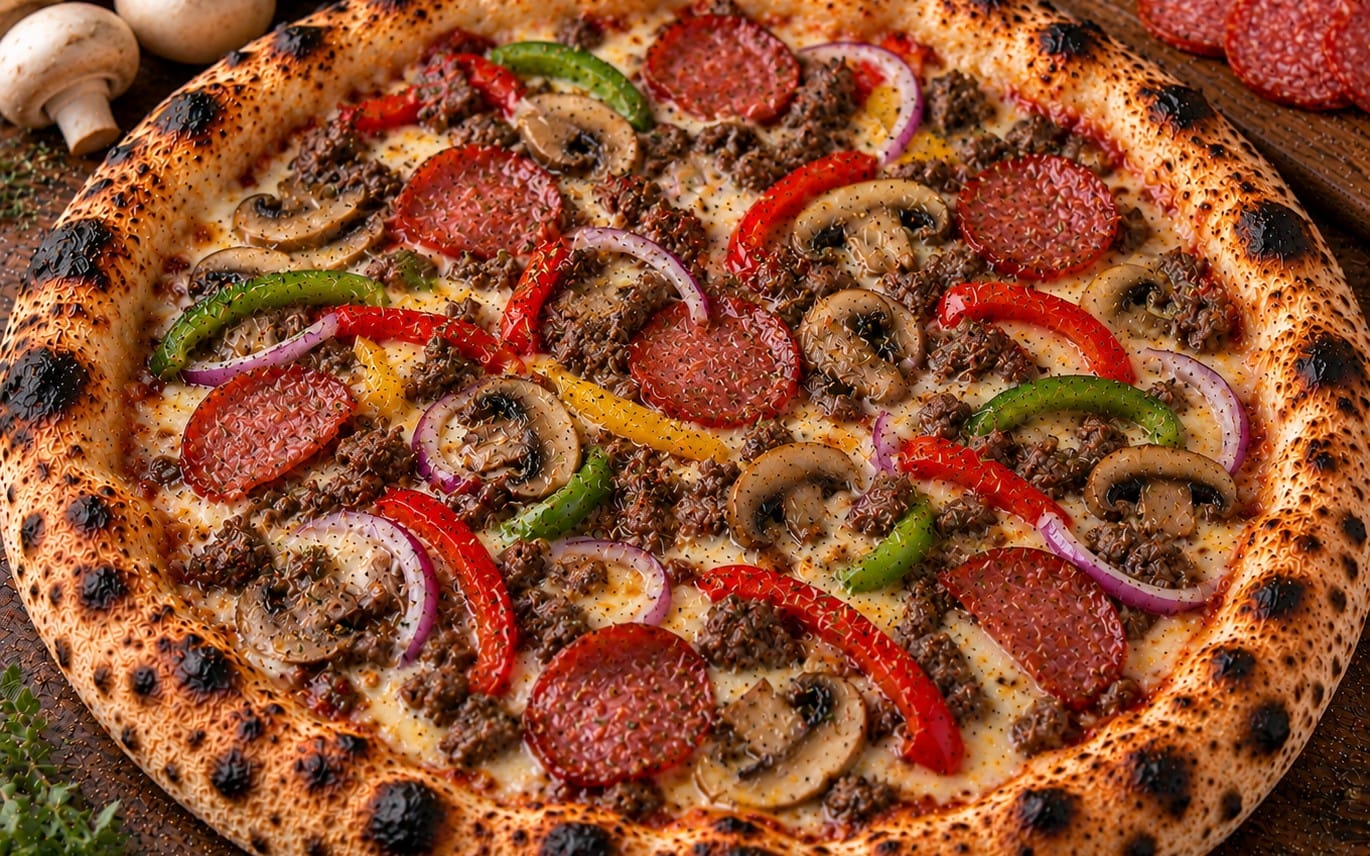47. Supreme - TomatenSoße, Käse, Fleisch, Paprika, Zwiebeln & Champignons bei Pizzeria Napoli