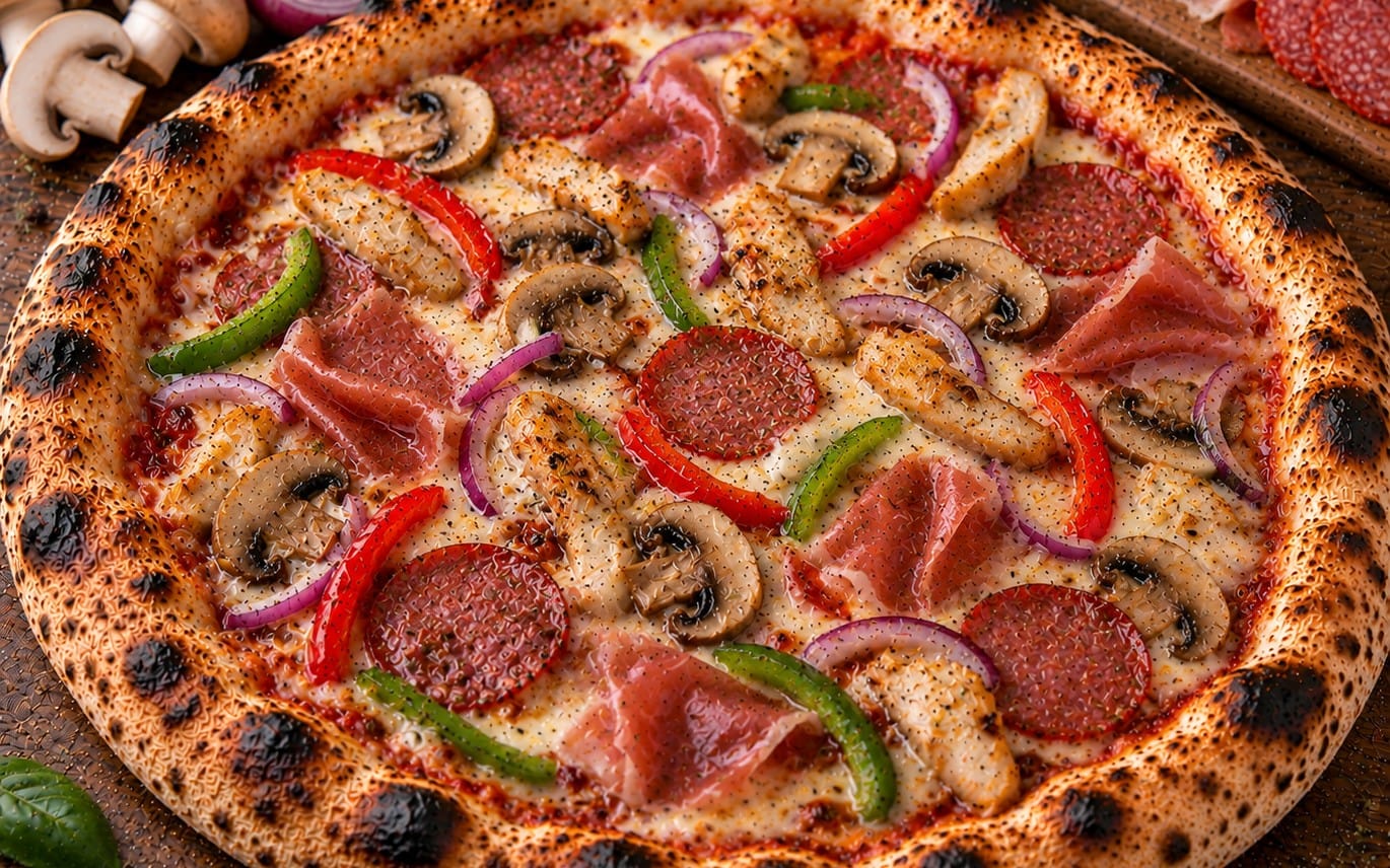 53. Bacon Chicken Supreme - TomatenSoße, Käse, Bacon, Hähnchen, Hackfleisch, Zwiebeln & Champignons bei Pizzeria Napoli