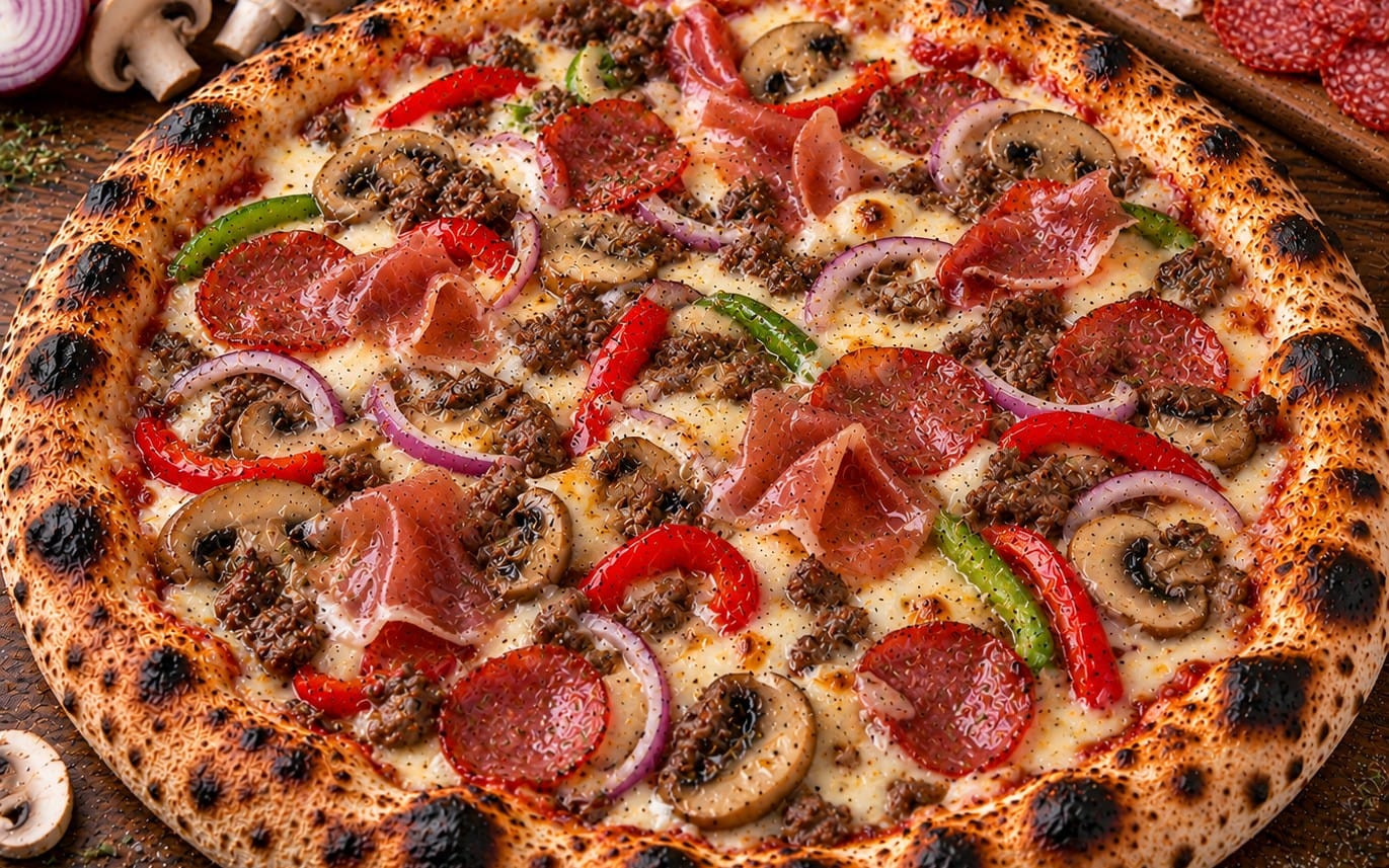 54. Bacon Supreme - TomatenSoße, Käse, Bacon, Salami, Hackfleisch, Zwiebeln & Champignons bei Pizzeria Napoli
