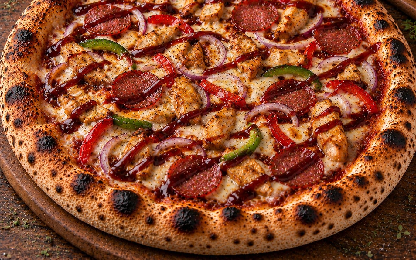 58. Chicken Teriyaki - BBQ Sauce, Käse, Hähnchen, Salami, Paprika, Zwiebeln bei Pizzeria Napoli
