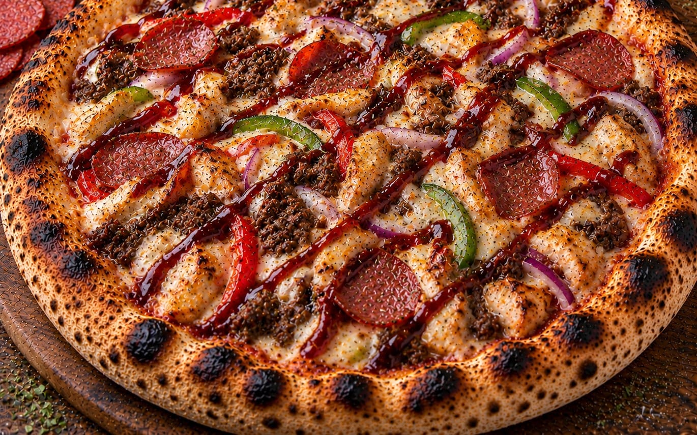 59. Caesar Chicken - BBQ Sauce, Käse, Hähnchen, Salami, Paprika, Hackfleisch & Grana Padano bei Pizzeria Napoli