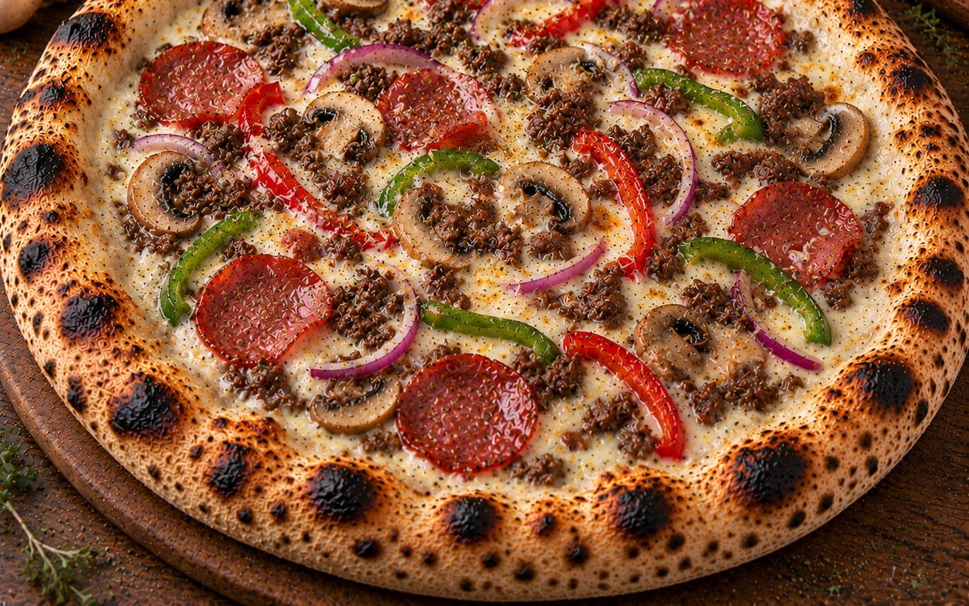 62. Knoblauch Supreme - Knoblauch Sauce, Käse, Salami, Zwiebeln, Champignons, Hackfleisch bei Pizzeria Napoli