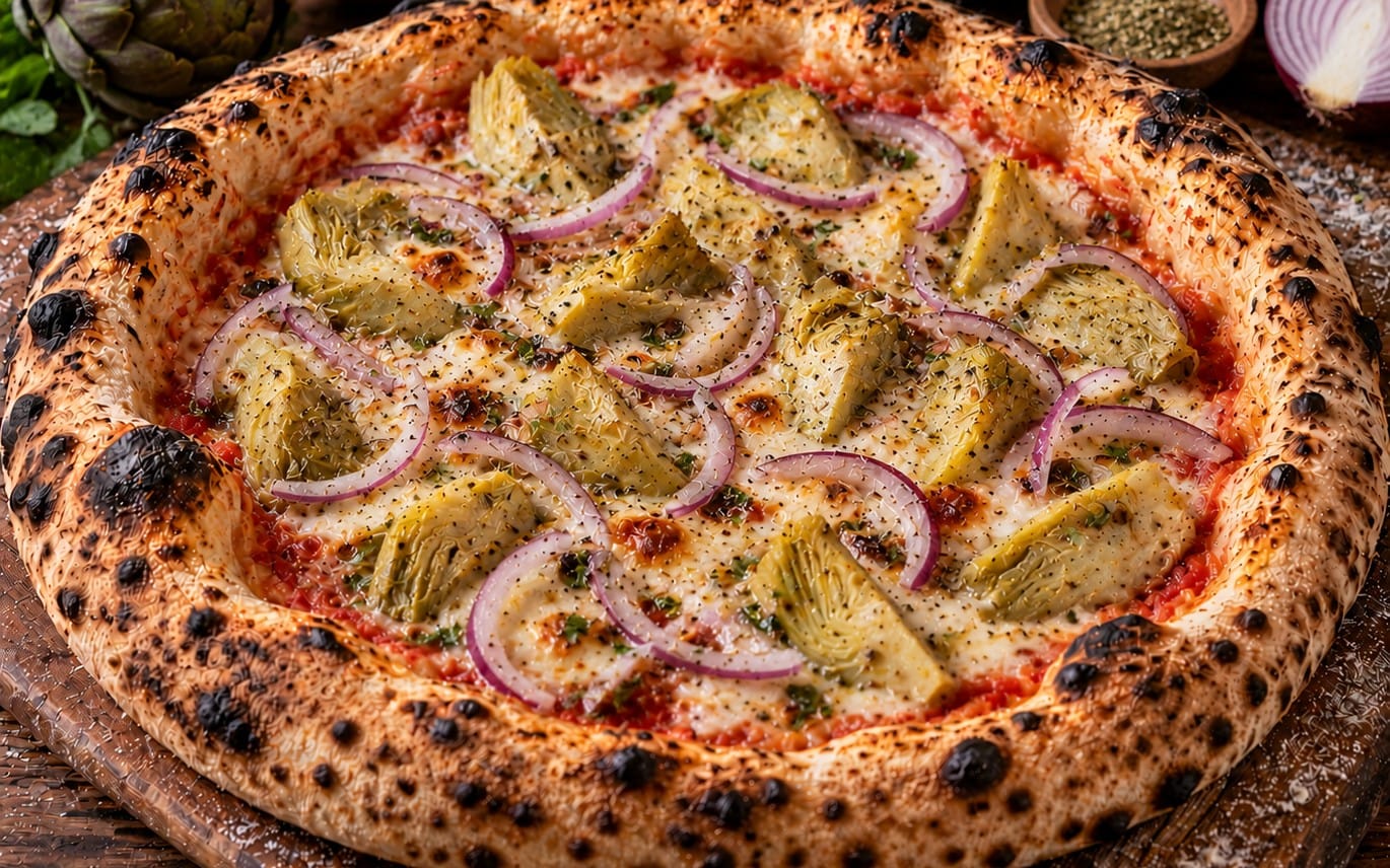Carciofi e Cipolla - Tomatensoße, Käse, Artischocken & Zwiebeln bei Pizzeria Napoli