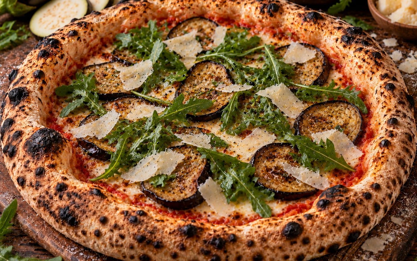 Melanzana - Tomatensoße, Käse, Grana Padano, Auberginen & Rucola bei Pizzeria Napoli