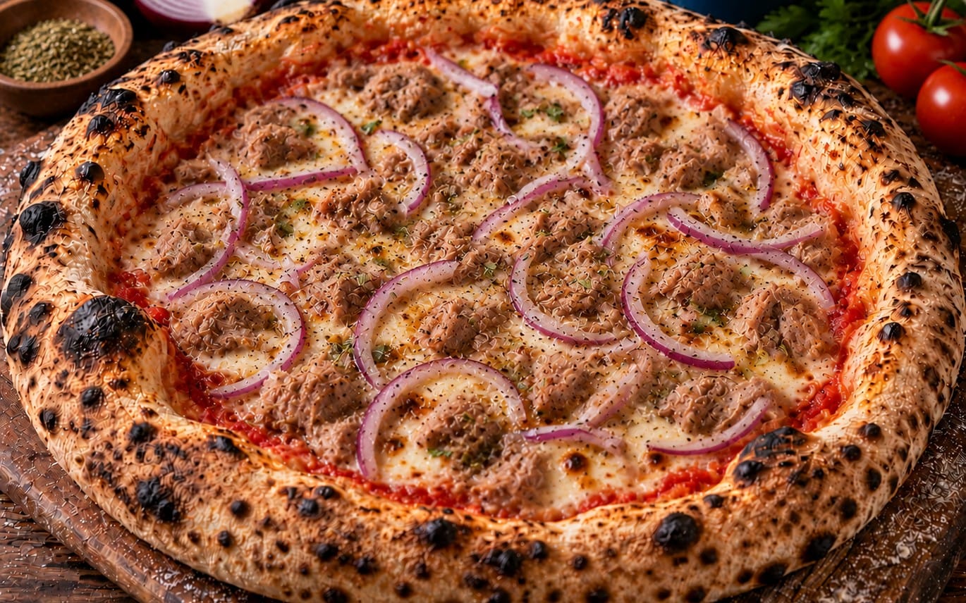 Tonno - Tomatensoße, Käse, Thunfisch & Zwiebeln bei Pizzeria Napoli