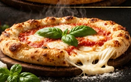 Pizza mit Käserand - Goldbraun gebackener Rand, gefüllt mit extra cremigem Mozzarella. bei Pizzeria Napoli