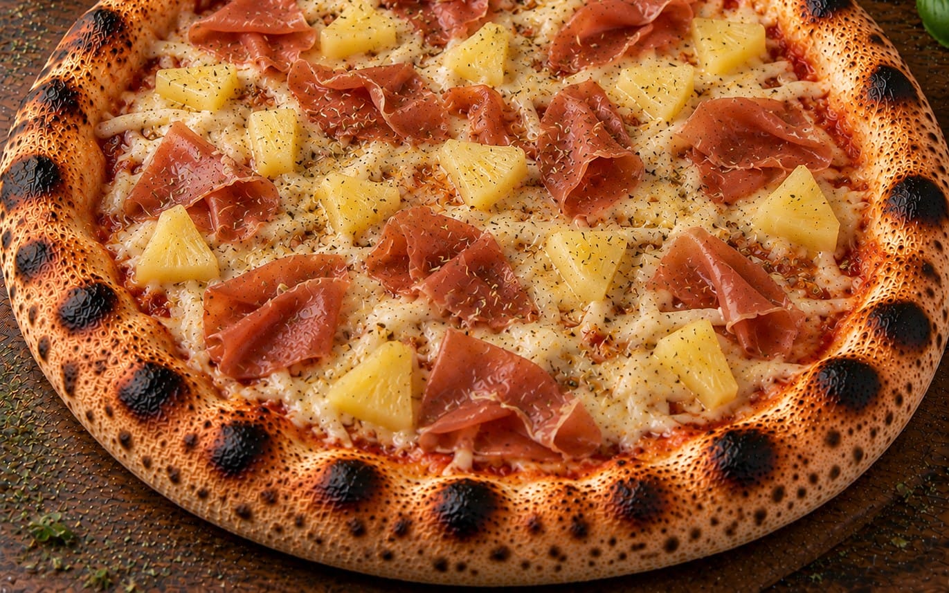 77. Hawai - Tomatensoße, Käse Vegan, Schinken Vegan & Ananas bei Pizzeria Napoli