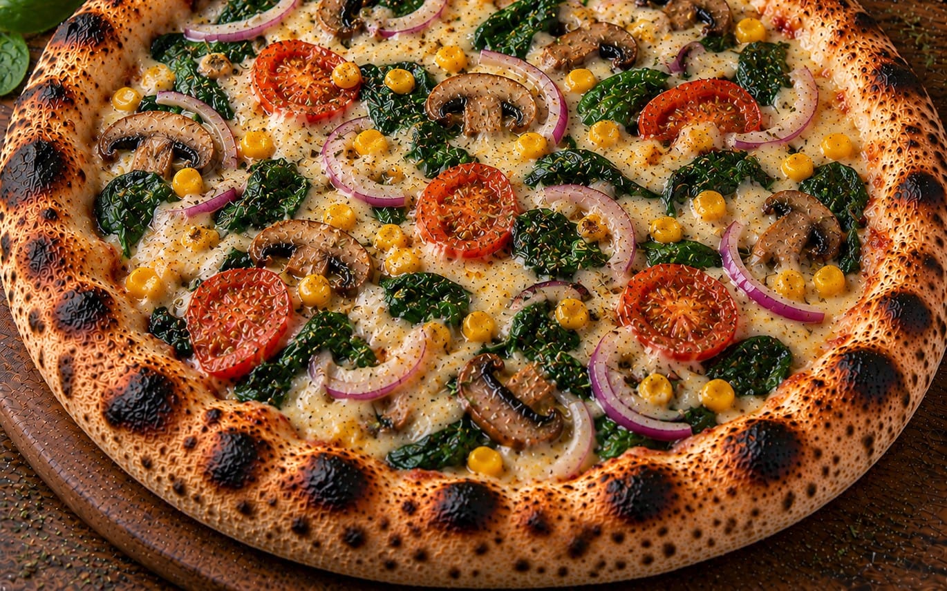 79. Garden Love - Tomatensoße, Käse Vegan, Frische Tomaten, Mais, Spinat, Zwiebeln, Champignons bei Pizzeria Napoli