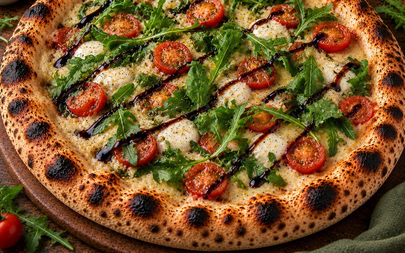 80. Caprese Vegan - Tomatensoße, Käse Vegan, Vegan Fete, Balsamico, Rucola, Tomaten bei Pizzeria Napoli
