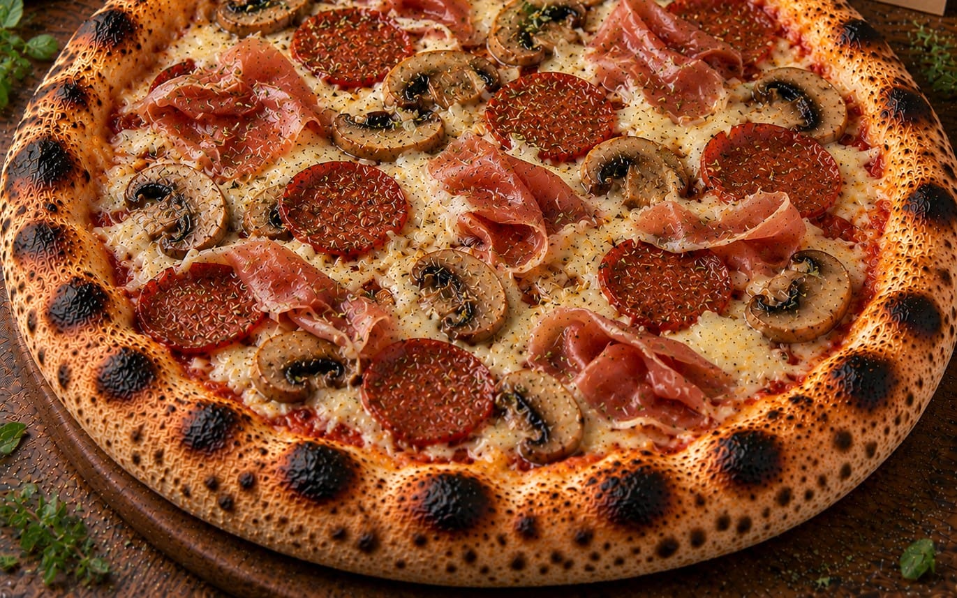 83. Speciale - Tomatensoße, Käse Vegan, Salami Vegan, Schinken, Frische Champignons bei Pizzeria Napoli