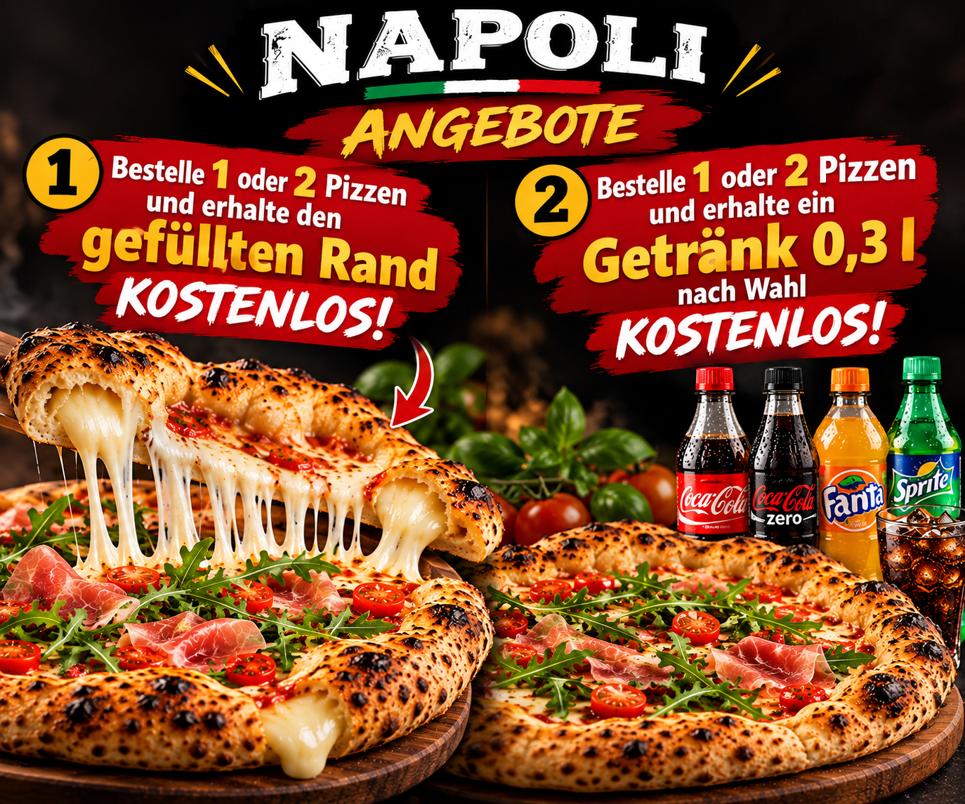 2 Pizzen + Käserand GRATIS